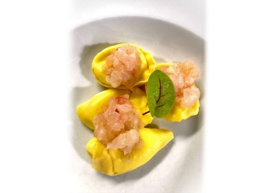 Pansoti di prescinsêua locale e crudo di gambero rosso - ricetta chef Stefano Torre - Ristorante Roma - Montoggio