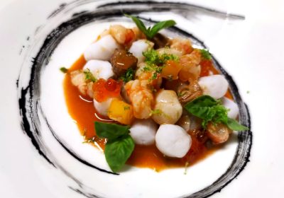 Gnocco di calamaro, molluschi, salsa di scampi e limone candito - ricetta chef Giuseppe Guardì - La Tonnara dell’Orsa - Punta Raisi - Cinisi