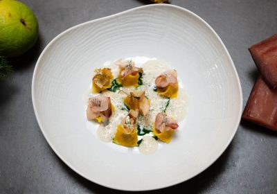 Plin, mais e stagionato di pesce - ricetta chef Andrea Rota - Ristorante Bolle - Lallio
