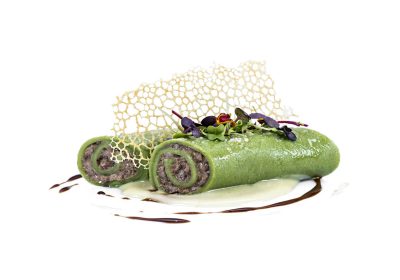 Ricetta stellata "Cannelloni agli spinaci, Podolica, crema di patate e porri, riduzione di Aglianico" - chef Donato De Leonardis - Don Alfonso 1890 San Barbato * - Lavello