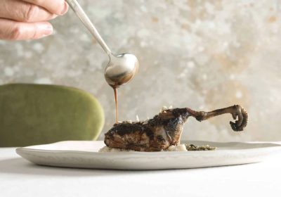 Ricetta stellata "Starna con dolceforte alla brace, resina di pinoli e grano spezzato" - chef Andrea Impero