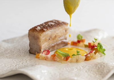 Pancia di maialino, giardiniera di verdure e salsa agli agrumi - ricetta chef Giuseppe Geraci