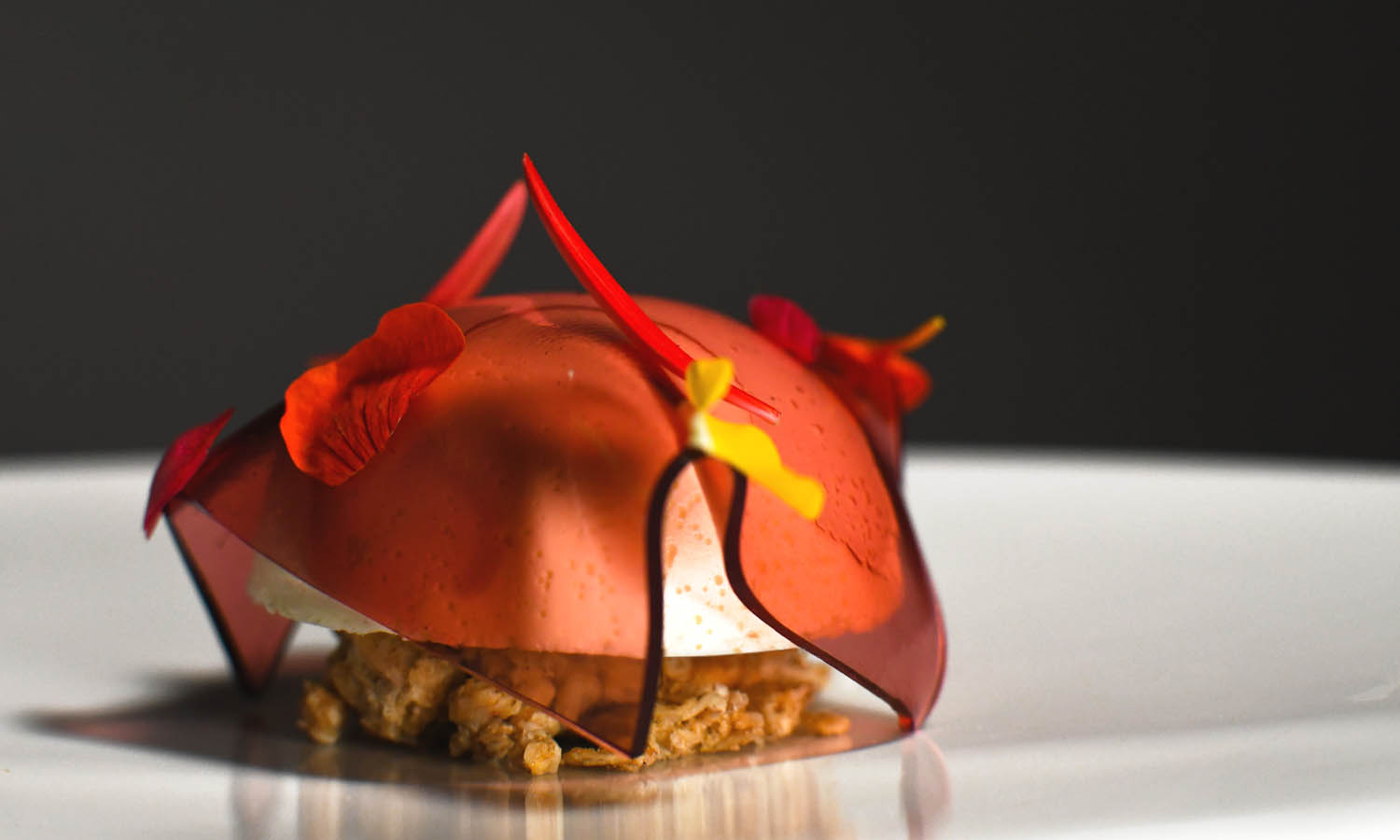 Panna cotta alla genziana, muesli e velo di frutti rossi e rosa - ricetta chef Luca Ludovici - ConTatto - Frascati