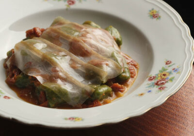 Ricetta "Gnocco all'ortica, pomodori secchi, lardo" - chef Fabrizio Pagliaroni - Buccia Trattoria - Sabaudia